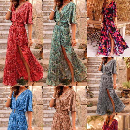 Women's Graceful And Fashionable Slimming Printed Cinched Mid-length Dress - ANIBEY