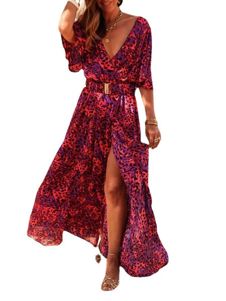 Women's Graceful And Fashionable Slimming Printed Cinched Mid-length Dress - ANIBEY