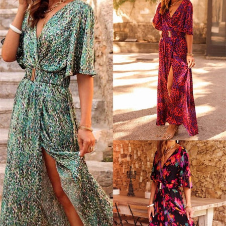 Women's Graceful And Fashionable Slimming Printed Cinched Mid-length Dress - ANIBEY