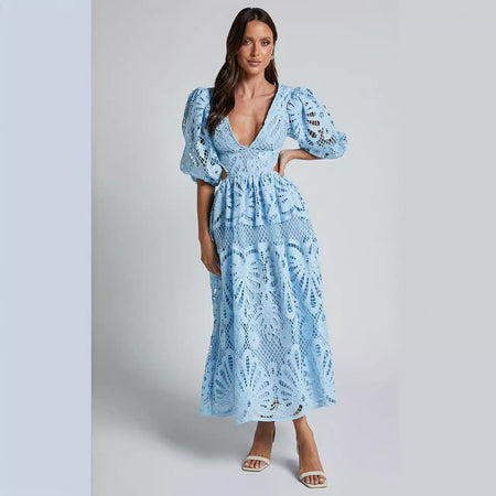 Women's Hollow Out V-neck Lace Embroidery Dress - ANIBEY