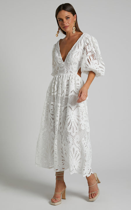 Women's Hollow Out V-neck Lace Embroidery Dress - ANIBEY