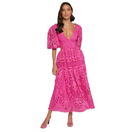 Women's Hollow Out V-neck Lace Embroidery Dress - ANIBEY