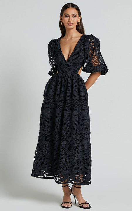 Women's Hollow Out V-neck Lace Embroidery Dress - ANIBEY