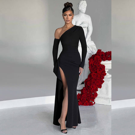 Women's Knitted One-shoulder Long Sleeve Split Dress - ANIBEY