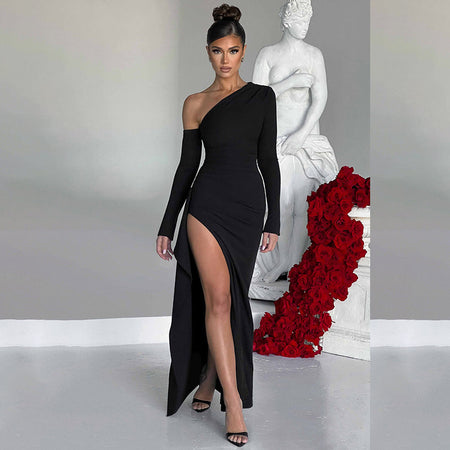Women's Knitted One-shoulder Long Sleeve Split Dress - ANIBEY