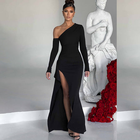 Women's Knitted One-shoulder Long Sleeve Split Dress - ANIBEY