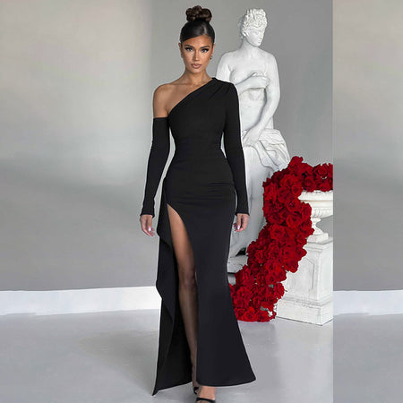 Women's Knitted One-shoulder Long Sleeve Split Dress - ANIBEY