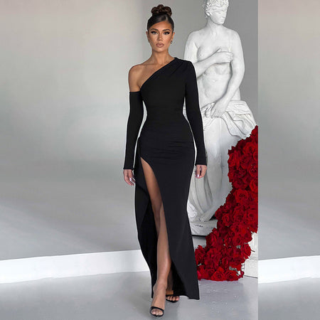 Women's Knitted One-shoulder Long Sleeve Split Dress - ANIBEY