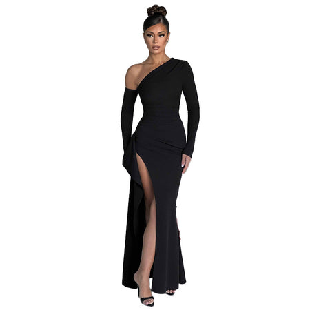 Women's Knitted One-shoulder Long Sleeve Split Dress - ANIBEY