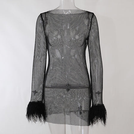Women's Knitted Round Collar Gauze Long-sleeved Hip Skirt - ANIBEY