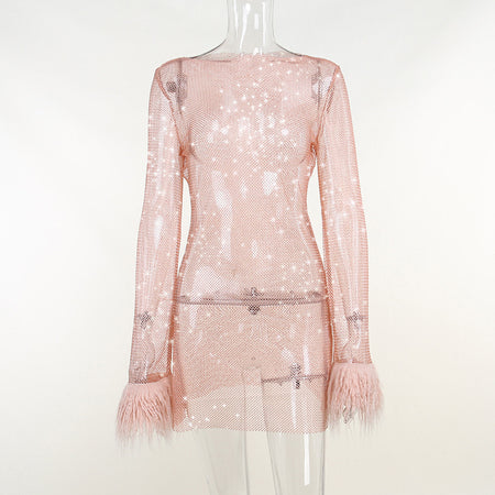 Women's Knitted Round Collar Gauze Long-sleeved Hip Skirt - ANIBEY