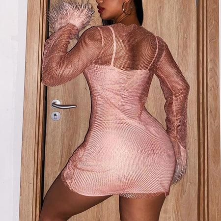 Women's Knitted Round Collar Gauze Long-sleeved Hip Skirt - ANIBEY