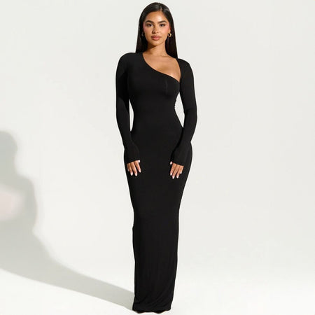 Women's Long Sleeve Diagonal Collar Slim Back Slit Dress - ANIBEY