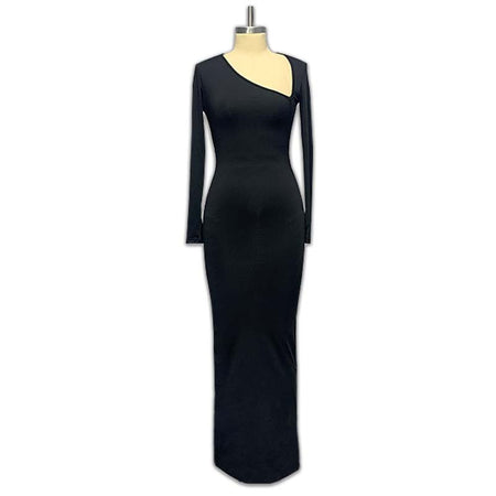 Women's Long Sleeve Diagonal Collar Slim Back Slit Dress - ANIBEY