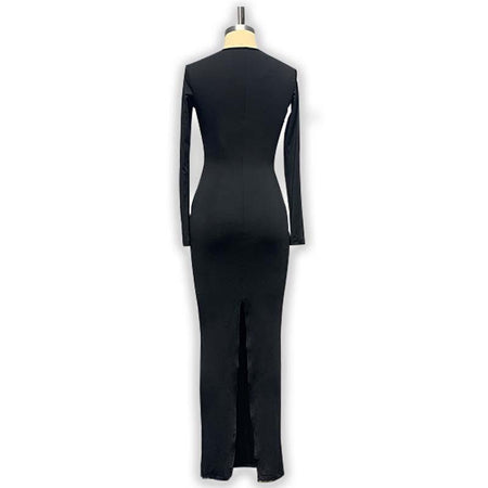 Women's Long Sleeve Diagonal Collar Slim Back Slit Dress - ANIBEY
