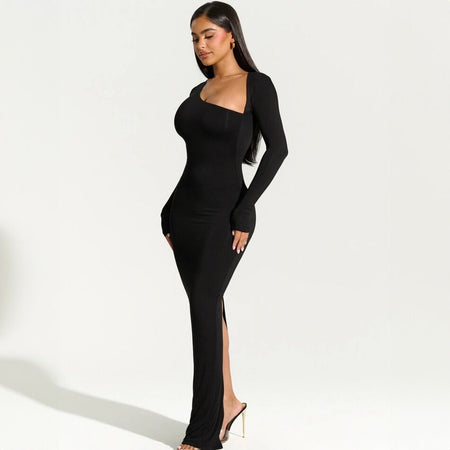 Women's Long Sleeve Diagonal Collar Slim Back Slit Dress - ANIBEY