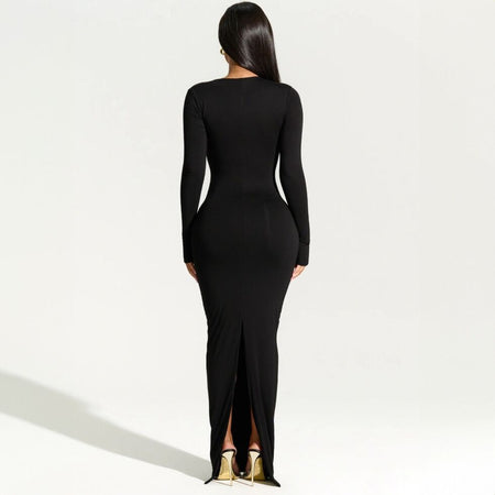 Women's Long Sleeve Diagonal Collar Slim Back Slit Dress - ANIBEY