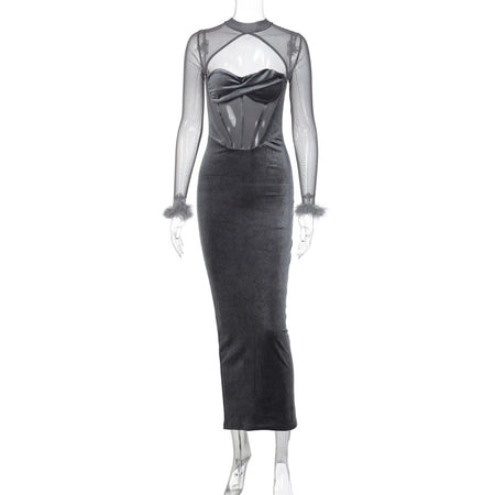 Women's Plush Mesh Stitching Sexy Hollow Dress - ANIBEY