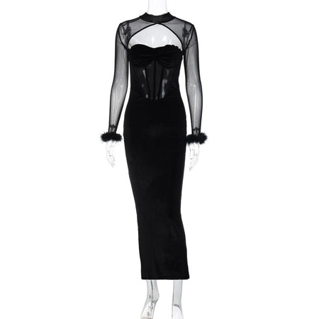 Women's Plush Mesh Stitching Sexy Hollow Dress - ANIBEY