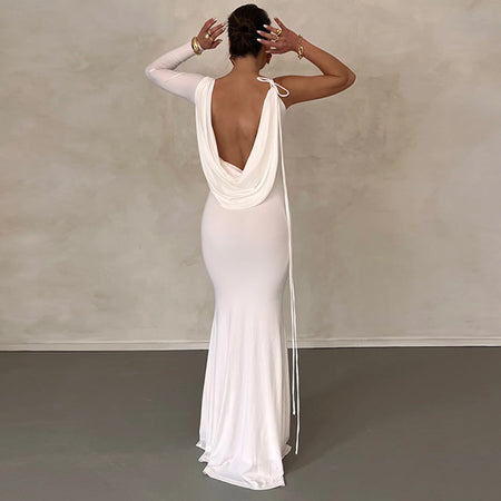 Women's Pure Color Tied One-shoulder Hollow-out Elegant Dress - ANIBEY