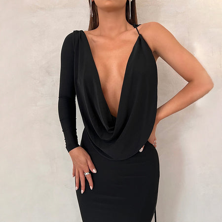 Women's Pure Color Tied One-shoulder Hollow-out Elegant Dress - ANIBEY