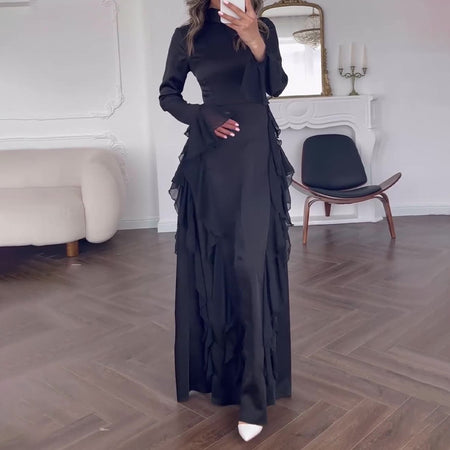 Women's Round-neck Flared Sleeves Temperament High Waist Slimming Patchwork Dress - ANIBEY