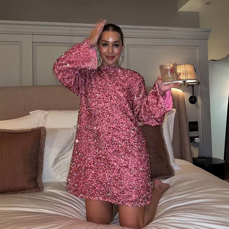 Women's Round Neck Long Sleeve Loose Sequins Short Spandex Dress - ANIBEY