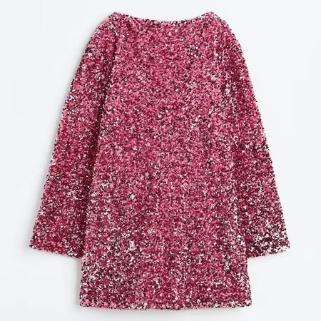 Women's Round Neck Long Sleeve Loose Sequins Short Spandex Dress - ANIBEY