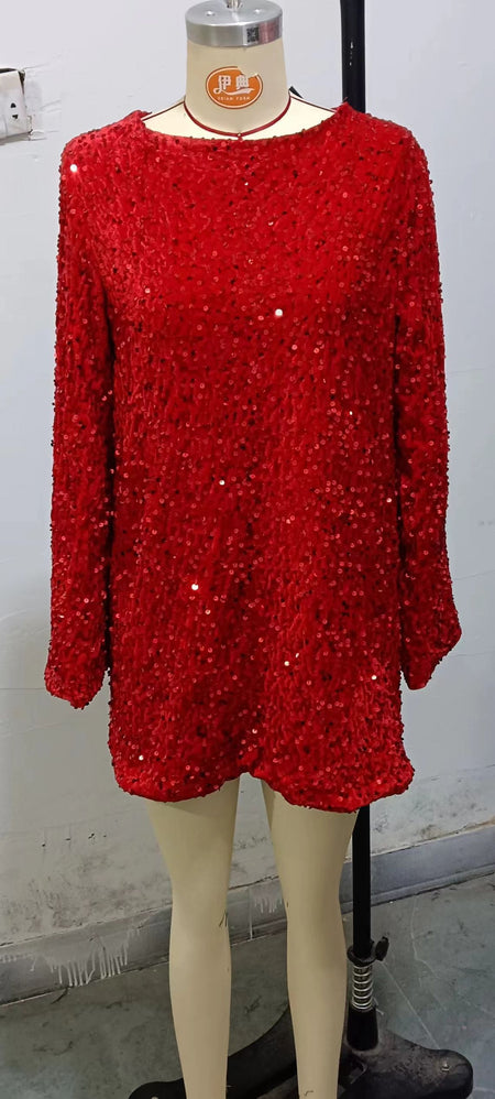 Women's Round Neck Long Sleeve Loose Sequins Short Spandex Dress - ANIBEY