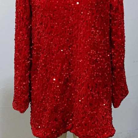 Women's Round Neck Long Sleeve Loose Sequins Short Spandex Dress - ANIBEY