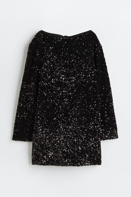 Women's Round Neck Long Sleeve Loose Sequins Short Spandex Dress - ANIBEY