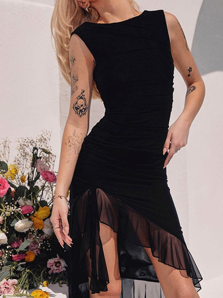 Women's Round Neck Sleeveless Waist Irregular Mesh Dress - ANIBEY