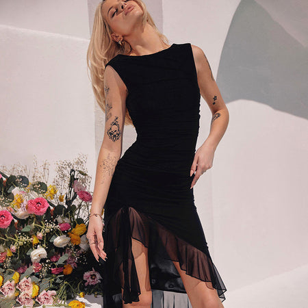 Women's Round Neck Sleeveless Waist Irregular Mesh Dress - ANIBEY