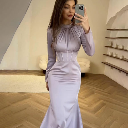 Women's Slim-fit Long-sleeved Pleated Strap Irregular Dress - ANIBEY