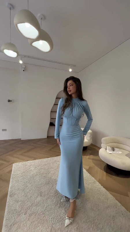 Women's Slim-fit Long-sleeved Pleated Strap Irregular Dress - ANIBEY