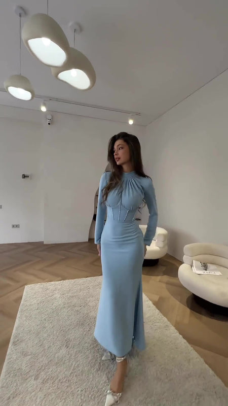 Women's Slim-fit Long-sleeved Pleated Strap Irregular Dress - ANIBEY