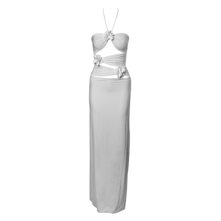 Women's Slim-fit Three-dimensional Flower Waist-tight Long Hollow-out Halter Dress - ANIBEY