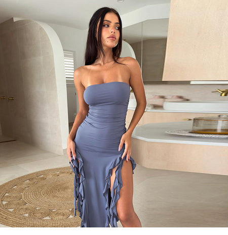 Women's Slit Ruffled Tube Top Dress - ANIBEY