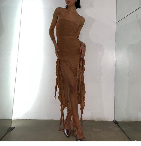 Women's Slit Ruffled Tube Top Dress - ANIBEY