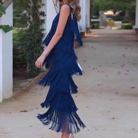 Women's Solid Color Diagonal Collar Multi-layer Tassel Stitching Design Dress - ANIBEY