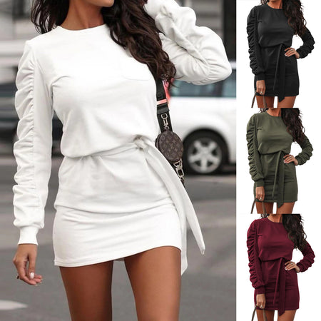 Women's solid color long-sleeved sweater tie dress - ANIBEY