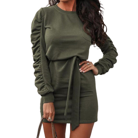 Women's solid color long-sleeved sweater tie dress - ANIBEY