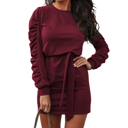 Women's solid color long-sleeved sweater tie dress - ANIBEY