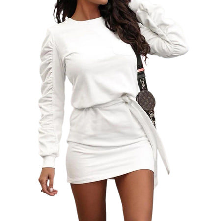 Women's solid color long-sleeved sweater tie dress - ANIBEY
