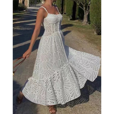 Women's Spaghetti-strap Ruffle Embroidered Hollow Lace Dress - ANIBEY