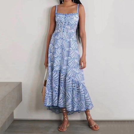 Women's Spaghetti-strap Ruffle Embroidered Hollow Lace Dress - ANIBEY