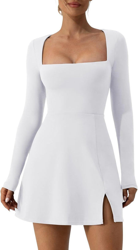 Women's Square Collar Corset Long Sleeve Slit Flared - ANIBEY