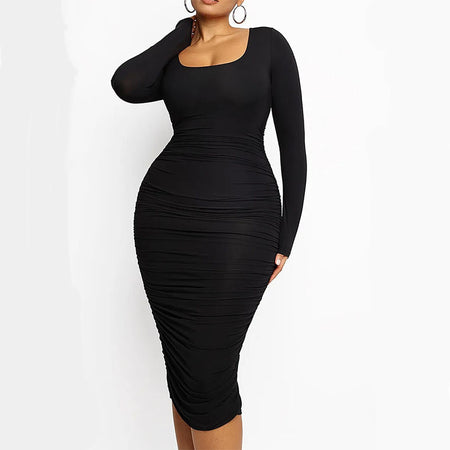 Women's Square Neck Sexy Shaping Pleated Buttock Dress - ANIBEY