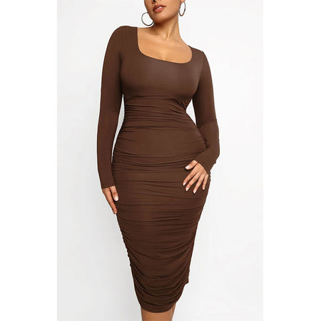 Women's Square Neck Sexy Shaping Pleated Buttock Dress - ANIBEY