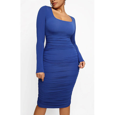 Women's Square Neck Sexy Shaping Pleated Buttock Dress - ANIBEY